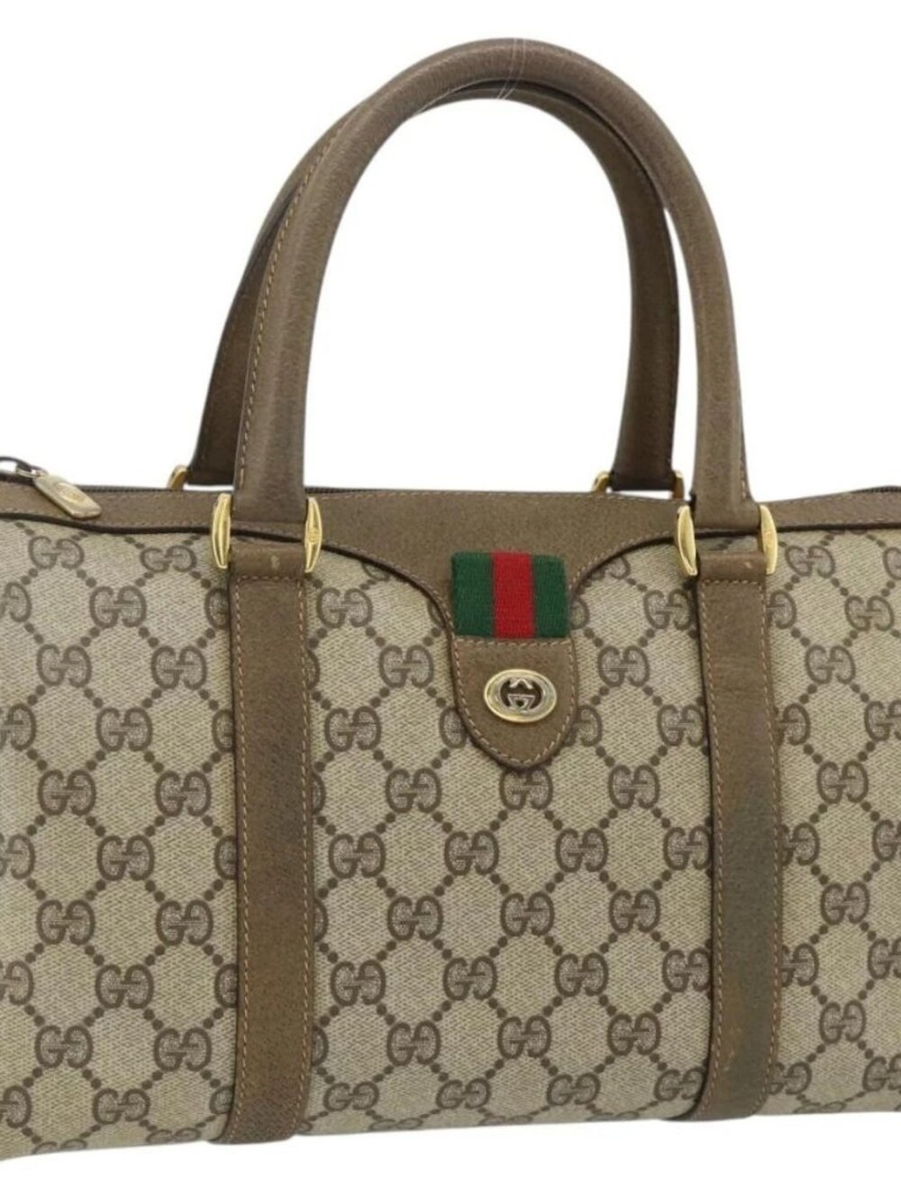 GUCCI GG Supreme Web Sherry Line Boston Bag PVC Beige Gold Auth mr2389